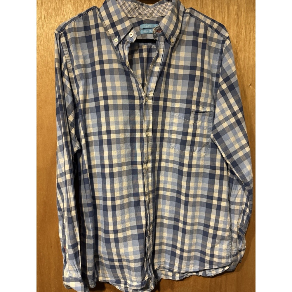J.McLaughlin Mens Large Blue Check Cotton Long Sleeve Button-Down Trim Fit